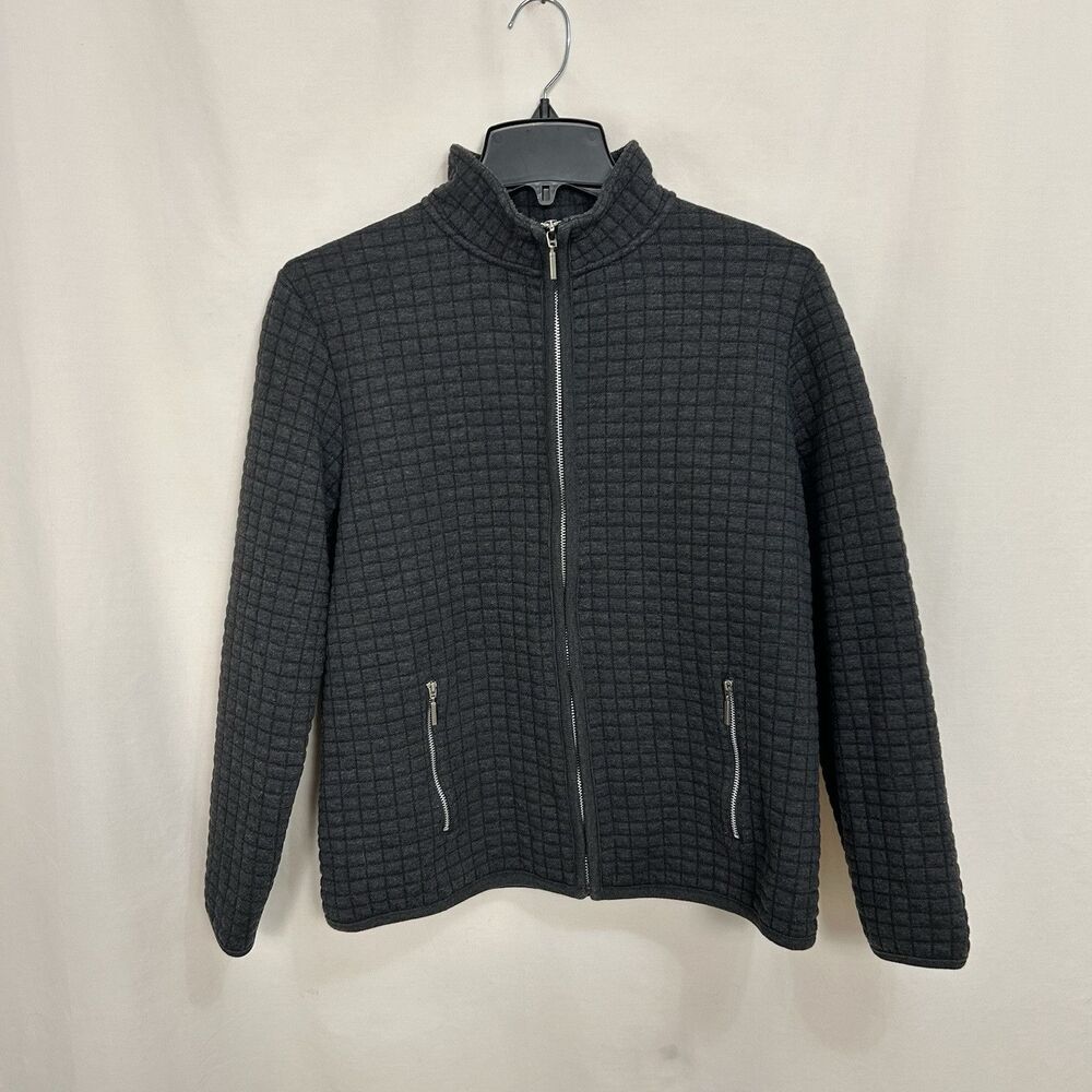 Karen Scott Sport Womens Med Gray Zip Jacket Quilted Waffle Lightweight Pockets
